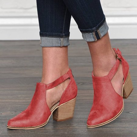 

zolucky Womens Booties Buckle Strap Spring/fall Cut Out Chunky Heel Zipper Boots, Red, Boots