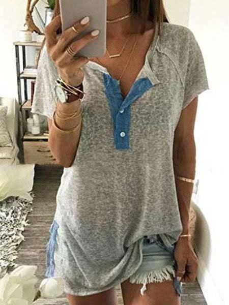 

Women Gray V neck Paneled Short Sleeve T-Shirt, White, T-Shirts