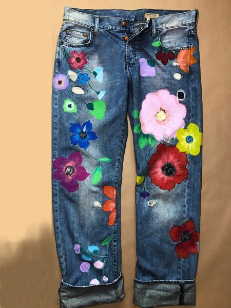 All Season Denim Floral Casual Jeans