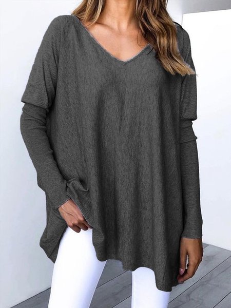 

Casual Plain V-neck Long Sleeve Shirt, Black, Tops