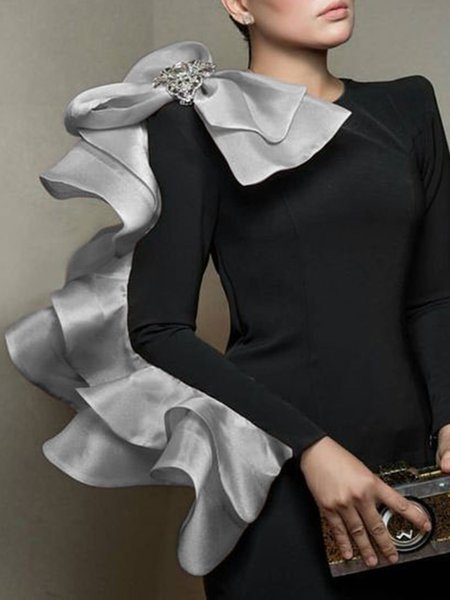 

Paneled Color-block Ruffled Bow Sheath Statement Top, Gray, Tops
