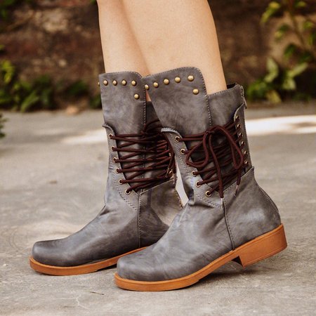 

Back Zipper Vintage Boots Lace-Up Holiday Mid-calf Boots, Gray, Clearance5