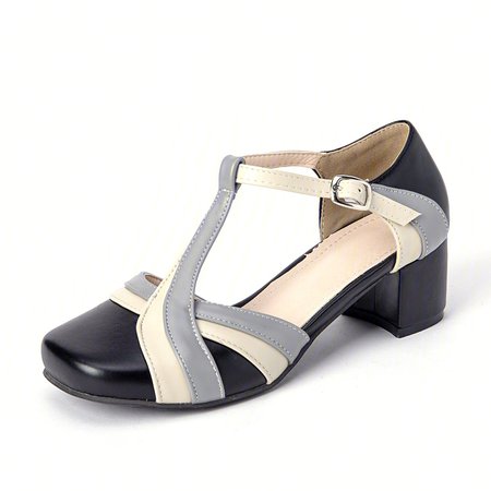 

Adjustable Buckle Summer Chunky Heel T-Strap Heeled Sandals Closed Toe Shoes, Black, Auto-Clearance