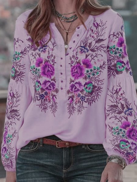 

Casual Floral V Neck Long Sleeve T-shirt & Top, Light purple, Clearance