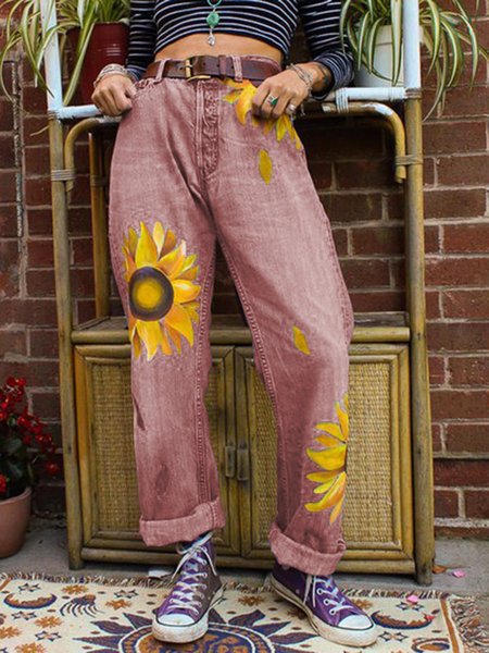 

Sun flower Plus Size Sunflower Print Women Denim Pant Jean, Dark pink, Jeans
