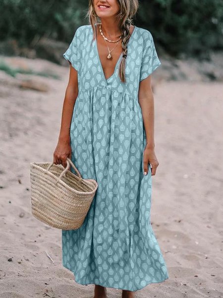 

taglia grande Casuale Scollo a V Maniche Corte Stampato Abito, Blu, Casual Dresses