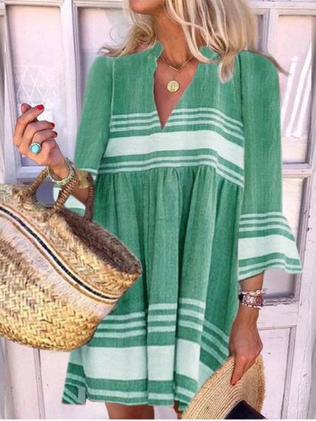 

3/4 Manica Misto Cotone Scollo a V Abito, Verde, Mini Dresses