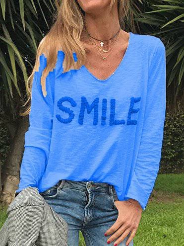 

Long Sleeve Cotton-Blend V Neck T-shirt, Blue, Shirts & Blouses