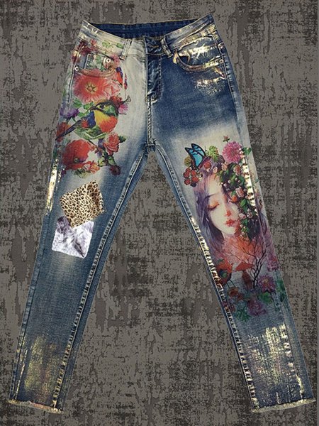 Pantaloni da Donna Casuale Astratto Stampato Denim, Blu, Pants