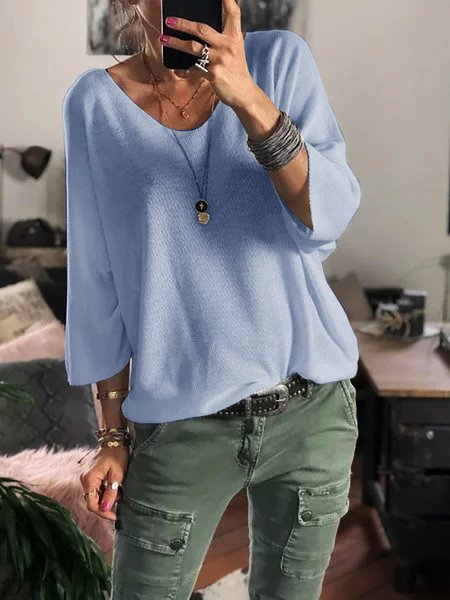 

Camicie con 3/4 Manica con Scollo a V Solido, Azzurro, T-Shirts