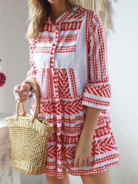 

V neck Swing Women Daily Cotton Bell Sleeve Printed Tribal Summer Dress, Pink, Casual Dresses