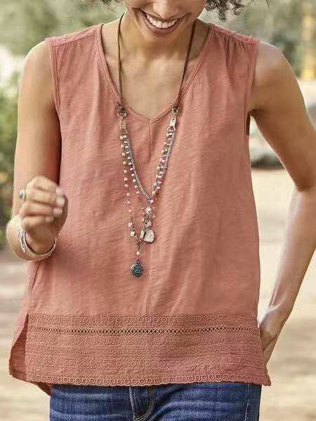 

V Neck Solid Hollowed Sleeveless Top, Nude, Blouses & Shirts