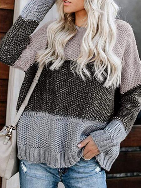 

Casual Knitted Color-Block Crew Neck Long Sleeve Sweater, Gray, Sweaters