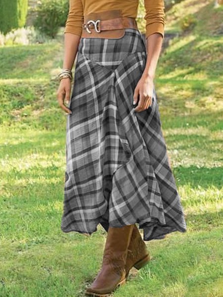 

Daily Checkered Casual Cotton-Blend Skirt, Gray, Skirts