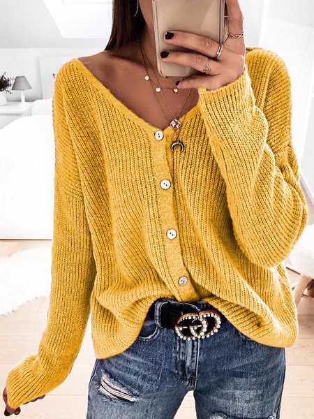 Plus Size Solid Sweater Buttoned V Neck Knitted Tops Yellow/3XL