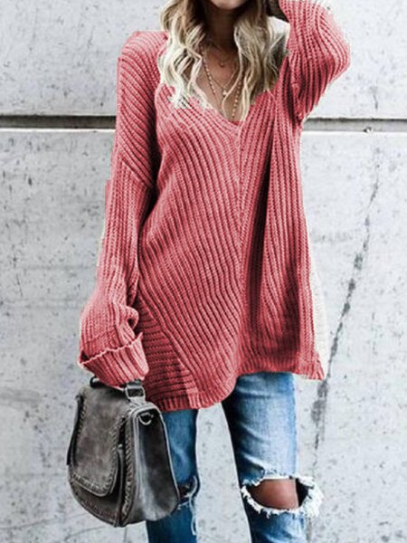 

Women Casual Cotton-Blend V Neck Top, Red, Sweaters & Cardigans