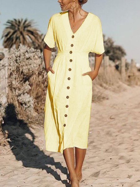 

Women Solid Cotton Casual V Neck Weaving Dress, Yellow, Casual Dresses
