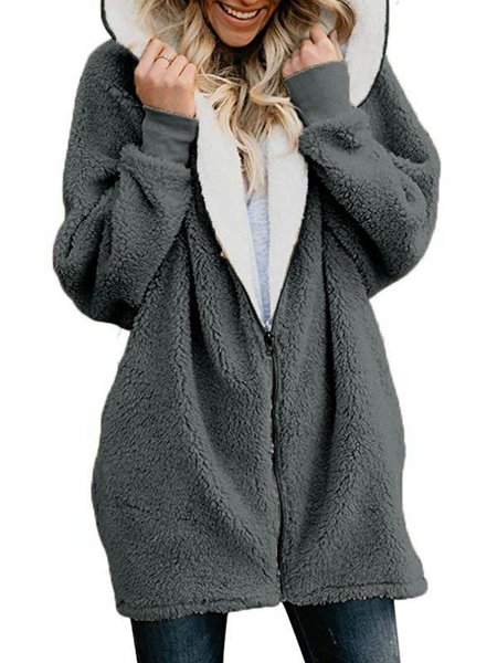 

Cerniera Solido Dolce Maniche Lunghe Felpa con cappuccio & Cappotto, Grigio scuro, Coats & Jackets