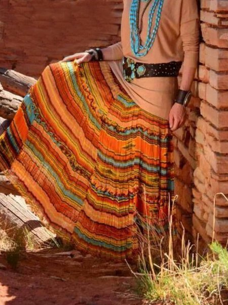 

Cotton-Blend Color-Block Casual Skirt, Multicolor, A