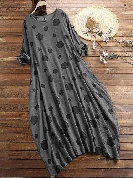 

zolucky Plus Size Polka Dots Long Sleeve Crew Neck Vintage Casual Dresses, Gray, Dresses