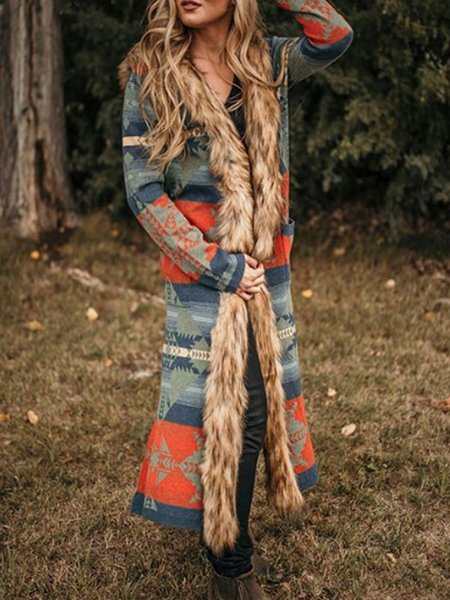 

Printed Patchwork Hooded Color-Block Long Sleeve Overcoat, Multicolor, Coats & Jackets