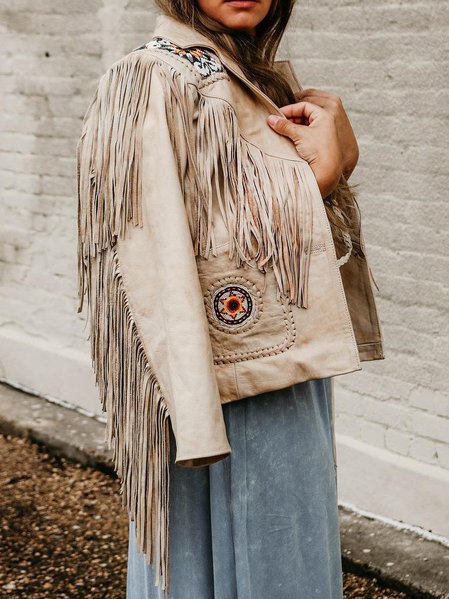 

Boho Tassel Leather Jacket, Beige, Jackets