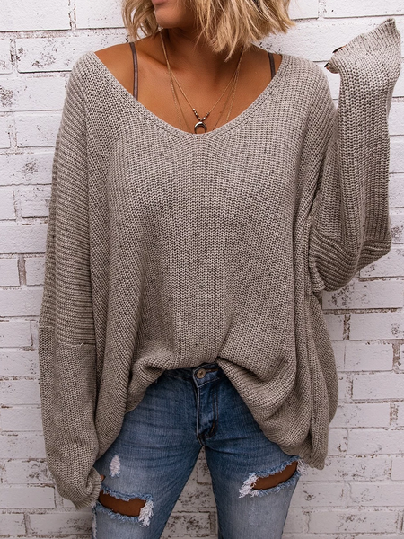 

Maglione Solido Maniche Lunghe Scollo a V, Grigio, Sweater