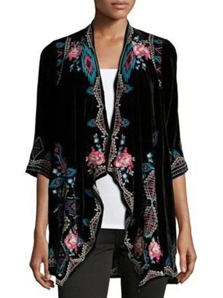 

Women Black V Neck Half Sleeve Floral Cardigans Outerwear, Outerwear
