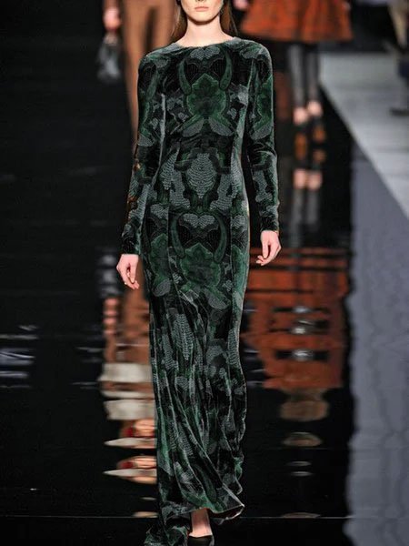 

Velvet Printed Color-block Long Sleeve Knitting Dress, Green, Dresses