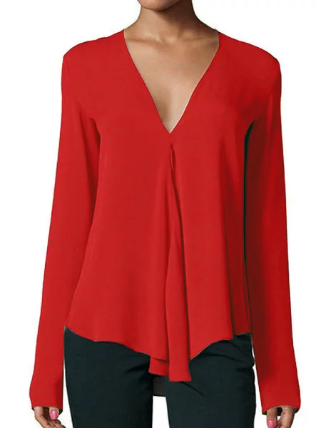 

Solid Casual Chiffon Long Sleeve V neck Blouse, Wine red, Tops