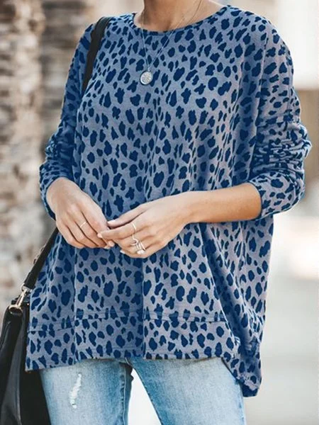 

Crew Neck Leopard Print Cotton-Blend Shirts & Tops, Blue, Hoodies&Sweatshirts