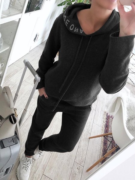 

Letter Printed Hoodies Knitted Two Pieces Pants Set Two-Piece Set, Black, Suit Set