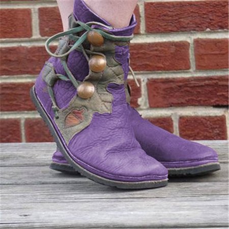 

zolucky Women Casual Lace-Up Flat Heel Soft Leather Ankle Boots, Purple, Boots