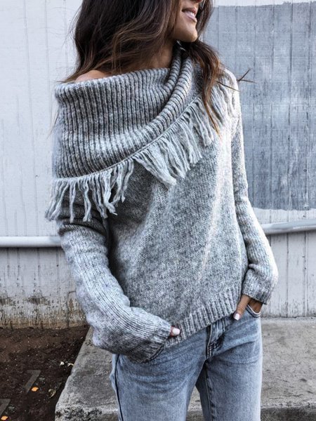 

Casual Knitted Solid One Shoulder Sweater, Deep gray, Sweaters