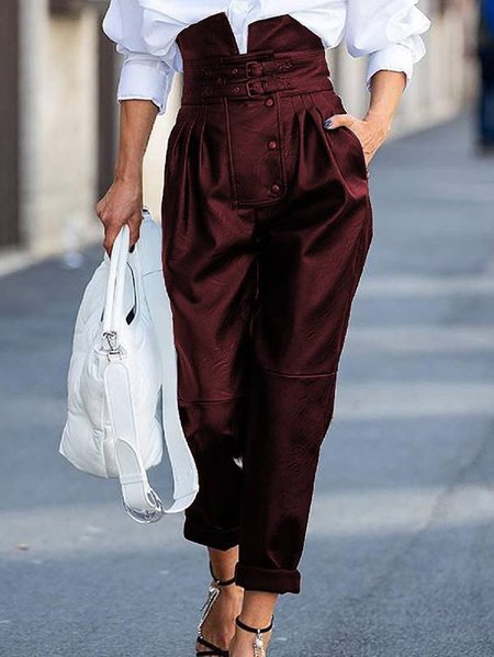 

Leather Pockets Casual Pants, Wine red, Bottoms