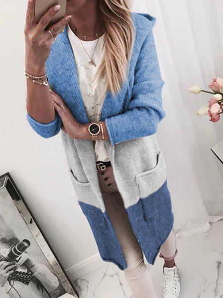 

Maniche Lunghe Felpa con cappuccio Colore-block a maglia Cardigan, Blu, Cardigans