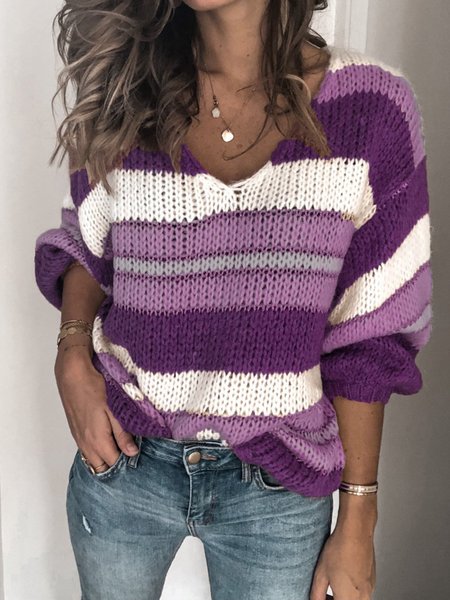 

V Neck Color-Block Long Sleeve Sweater, Violet, Sweaters & Cardigans