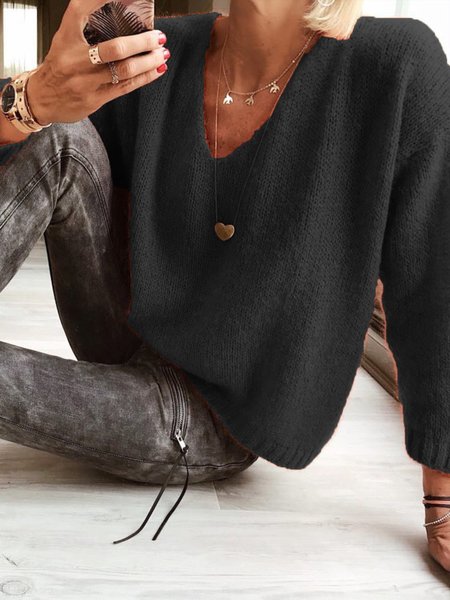 Woman Wool blend Casual V Neck Plain Sweater, Black, Sweaters