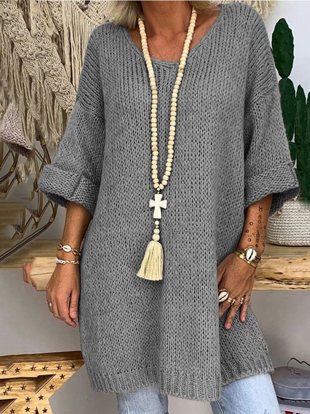 

Women 3/4 Sleeves V-Neck Solid Knitted Sweaters, Gray, Sweaters