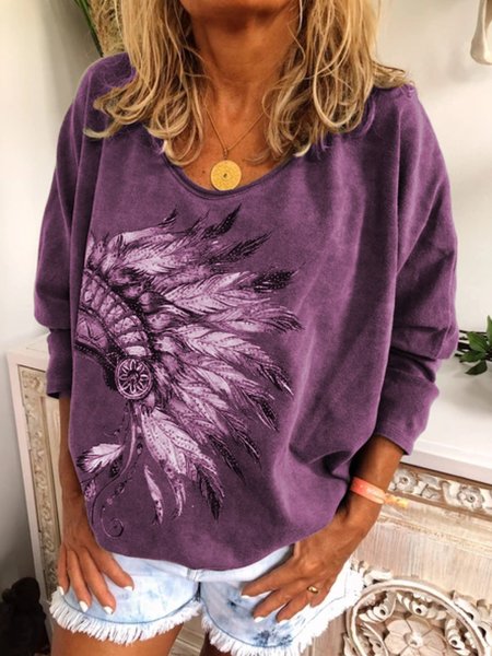 

zolucky Casual Plus Long Sleeve Printed T Shirt Tops Tunic, Purple, T-Shirts