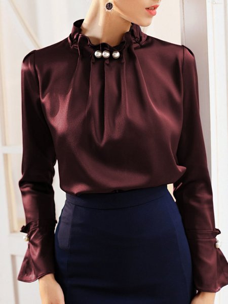 

Dark Blue Long Sleeve Beaded Solid Elegant Blouse, Crimson, Blouses and Shirts