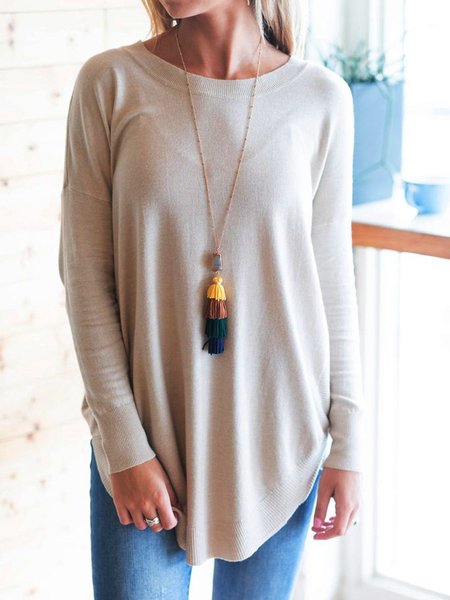 Knitted Solid Long Sleeve Blouse & Shirt, Blue, Blouses & Shirts