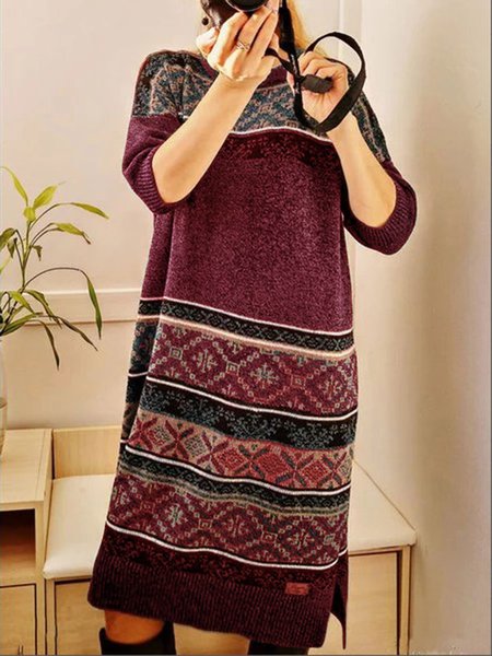 

Plain Long Sleeve Crew Neck Dresses, Rose red, Dresses