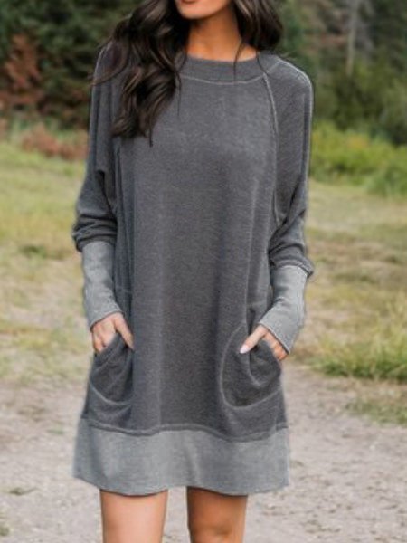 

Cotton-Blend Long Sleeve Casual Knitting Dress, Deep gray, Basic Dresses