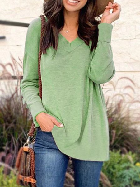 

Khaki Long Sleeve V Neck Cotton-Blend T-shirt, Green, Sweaters & Cardigans