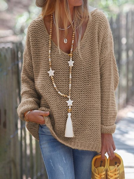 

JFN Long Sleeve Solid V Neck Knitted Sweater, Khaki, Sweaters