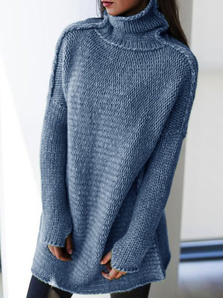 

Women Turtleneck Cotton Knitted Long Sleeve Sweater, Blue, Sweaters & Cardigans