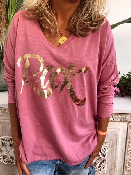 

Printed Casual V Neck Long Sleeve Shirts & Tops, Naked pink, Blouses
