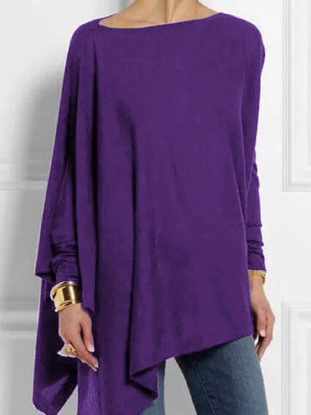 

Women Solid High Low Round Neck Long Sleeve Shift Blouse&Shirt, Purple, Tunics