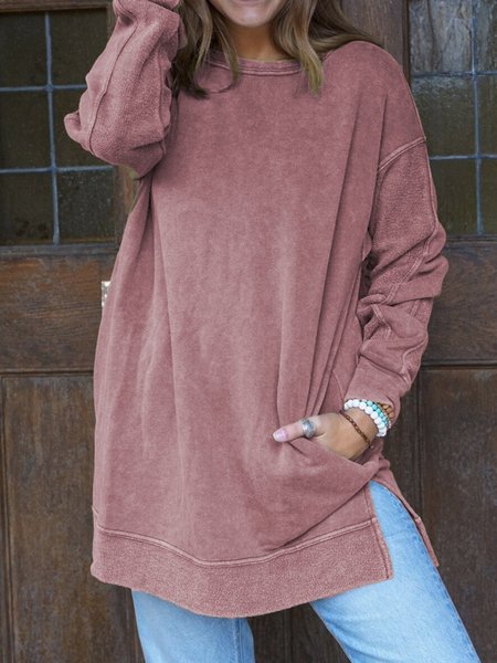 

Camicetta & Top Verde Militare Misto Cotone Solido a Girocollo con Maniche Lunghe, Rosa, Hoodies & Sweatshirts